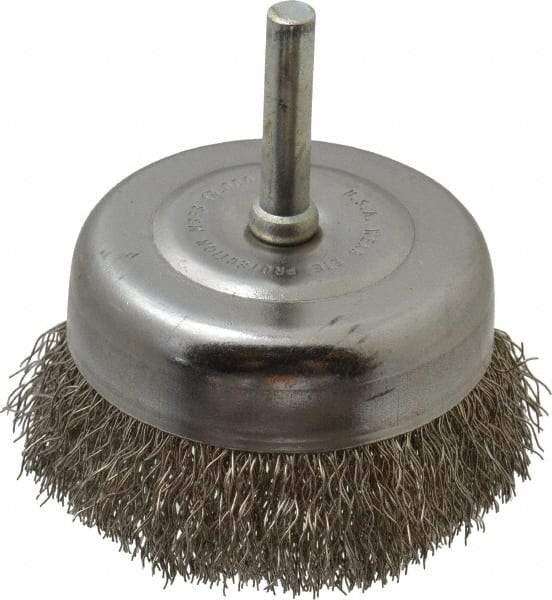 Made in USA - 2-3/4" Diam, 1/4" Shank Crimped Wire Stainless Steel Cup Brush - 0.0118" Filament Diam, 7/8" Trim Length, 13,000 Max RPM - All Tool & Supply