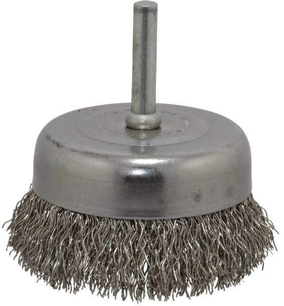 Made in USA - 2-3/4" Diam, 1/4" Shank Crimped Wire Stainless Steel Cup Brush - 0.014" Filament Diam, 7/8" Trim Length, 13,000 Max RPM - All Tool & Supply