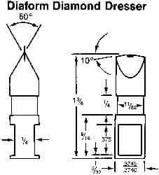 Made in USA - 0.015" Radius Single Point Diaform Diamond Dresser - 1-3/8" Long x 1/4" Shank Diam, 60° Included Angle - All Tool & Supply