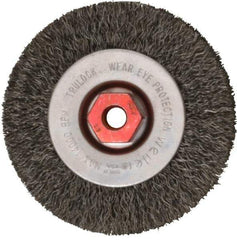 Weiler - 4" OD, M10x1.50 Arbor Hole, Crimped Steel Wheel Brush - 1/2" Face Width, 7/8" Trim Length, 0.014" Filament Diam, 14,000 RPM - All Tool & Supply