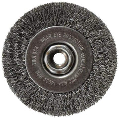 Weiler - 4" OD, 1/2-13 Arbor Hole, Crimped Steel Wheel Brush - 1/2" Face Width, 7/8" Trim Length, 0.014" Filament Diam, 14,000 RPM - All Tool & Supply