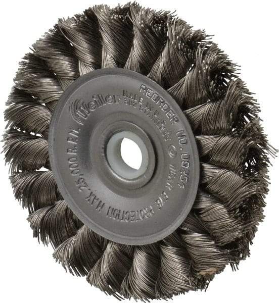 Weiler - 3" OD, 1/2" Arbor Hole, Knotted Stainless Steel Wheel Brush - 3/8" Face Width, 5/8" Trim Length, 0.0118" Filament Diam, 25,000 RPM - All Tool & Supply