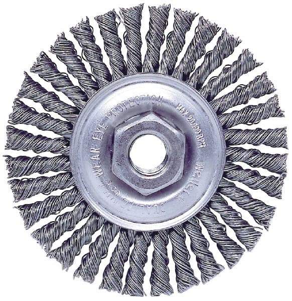 Weiler - 4" OD, M10x1.50 Arbor Hole, Knotted Stainless Steel Wheel Brush - 3/16" Face Width, 7/8" Trim Length, 0.02" Filament Diam, 20,000 RPM - All Tool & Supply