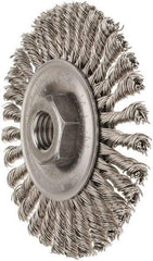 Weiler - 4" OD, 5/8-11 Arbor Hole, Knotted Stainless Steel Wheel Brush - 3/16" Face Width, 7/8" Trim Length, 0.02" Filament Diam, 20,000 RPM - All Tool & Supply