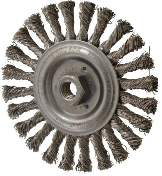 Weiler - 6" OD, 5/8-11 Arbor Hole, Knotted Stainless Steel Wheel Brush - 1/2" Face Width, 1-3/8" Trim Length, 0.023" Filament Diam, 12,500 RPM - All Tool & Supply