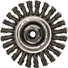 Weiler - 4" OD, M10x1.25 Arbor Hole, Knotted Steel Wheel Brush - 1/4" Face Width, 7/8" Trim Length, 0.02" Filament Diam, 20,000 RPM - All Tool & Supply