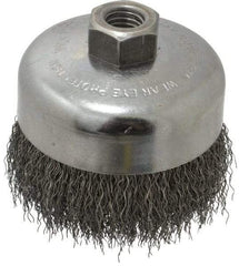 Weiler - 4" Diam, 5/8-11 Threaded Arbor, Steel Fill Cup Brush - 0.014 Wire Diam, 1-3/8" Trim Length, 9,000 Max RPM - All Tool & Supply