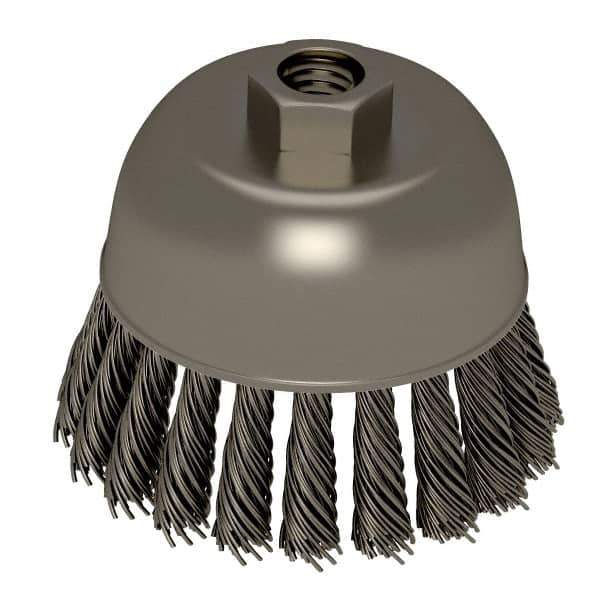 Weiler - 2-3/4" Diam, 5/8-11 Threaded Arbor, Stainless Steel Fill Cup Brush - 0.02 Wire Diam, 7/8" Trim Length, 14,000 Max RPM - All Tool & Supply