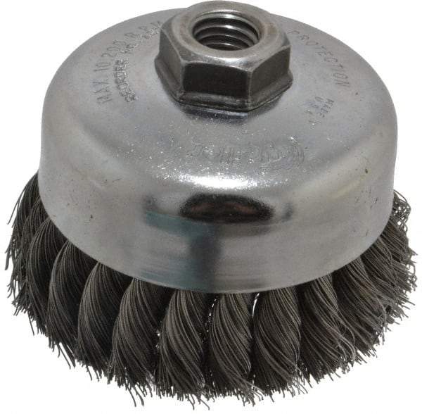 Weiler - 4" Diam, 5/8-11 Threaded Arbor, Steel Fill Cup Brush - 0.014 Wire Diam, 1-1/4" Trim Length, 9,000 Max RPM - All Tool & Supply