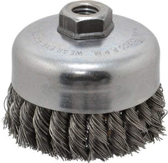 Weiler - 4" Diam, 5/8-11 Threaded Arbor, Steel Fill Cup Brush - 0.023 Wire Diam, 1-1/4" Trim Length, 9,000 Max RPM - All Tool & Supply