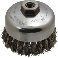 Weiler - 4" Diam, 5/8-11 Threaded Arbor, Stainless Steel Fill Cup Brush - 0.023 Wire Diam, 1-1/4" Trim Length, 9,000 Max RPM - All Tool & Supply