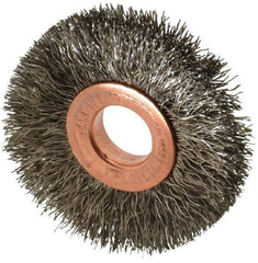 Weiler - 2" OD, 1/2" Arbor Hole, Crimped Stainless Steel Wheel Brush - 3/8" Face Width, 1/2" Trim Length, 0.0104" Filament Diam, 20,000 RPM - All Tool & Supply