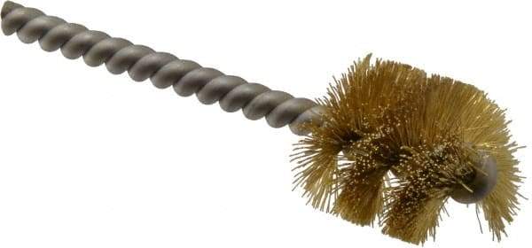 Made in USA - 1" Diam Helical Brass Tube Brush - Single Spiral, 0.008" Filament Diam, 1" Brush Length, 3-1/2" OAL, 0.248" Diam Stainless Steel Shank - All Tool & Supply