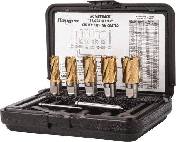 Hougen - 8 Piece, 9/16 to 1-1/16" Cutter Diam, 1" Cutting Depth, High Speed Steel Annular Cutter Set - TiN Finish, 3/4" Shank Diam, 9/16, 11/16, 13/16, 15/16, 1-1/16" Cutter Diams, 2 Flats on Shank - All Tool & Supply