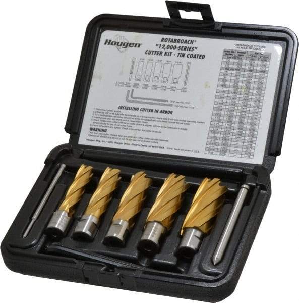 Hougen - 9 Piece, 9/16 to 1-1/16" Cutter Diam, 2" Cutting Depth, High Speed Steel Annular Cutter Set - TiN Finish, 3/4" Shank Diam, 9/16, 11/16, 13/16, 15/16, 1-1/16" Cutter Diams, 2 Flats on Shank - All Tool & Supply