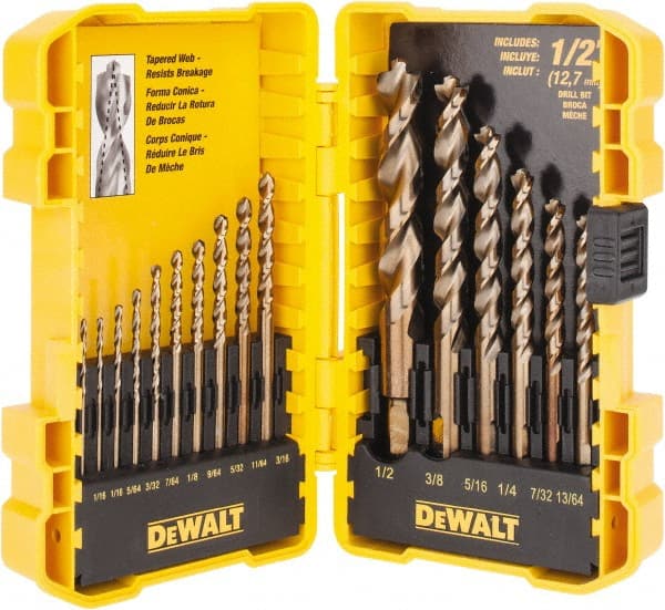 DeWALT - 1/16 to 1/2", 135° Point, Gold Finish, High Speed Steel Jobber Length Drill Bit Set - All Tool & Supply