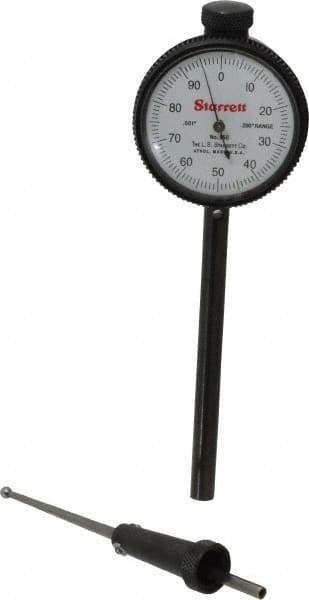 Starrett - 0.2 Inch Range, 0.001 Inch Dial Graduation, Dial Test Indicator - 1-11/16 Inch White Dial, 0-100 Dial Reading - All Tool & Supply