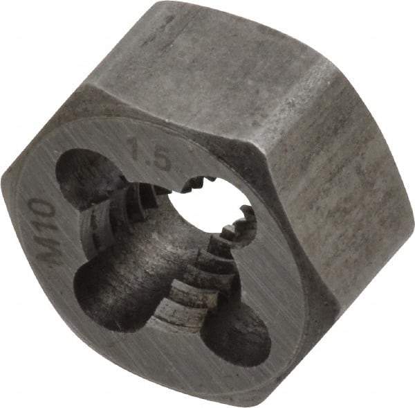 Interstate - M10x1.50 Metric Coarse Thread, 25/32" Hex, Right Hand Thread, Hex Rethreading Die - Carbon Steel, 7/16" Thick - Exact Industrial Supply