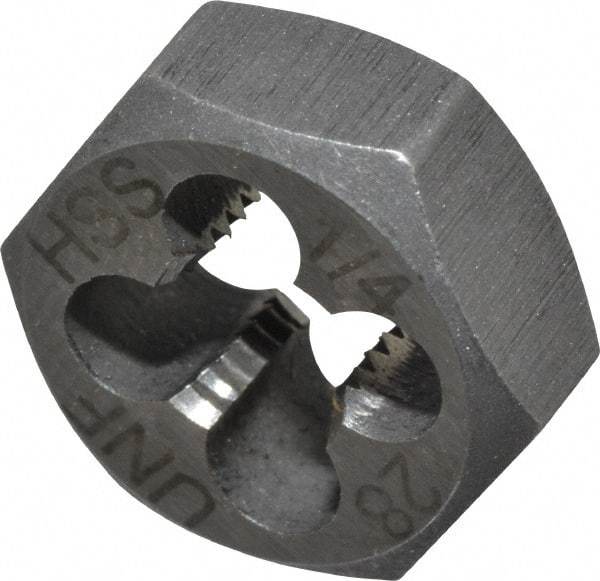 Interstate - 1/4-28 UNF Thread, 19/32" Hex, Right Hand Thread, Hex Rethreading Die - High Speed Steel, 1/4" Thick - Exact Industrial Supply