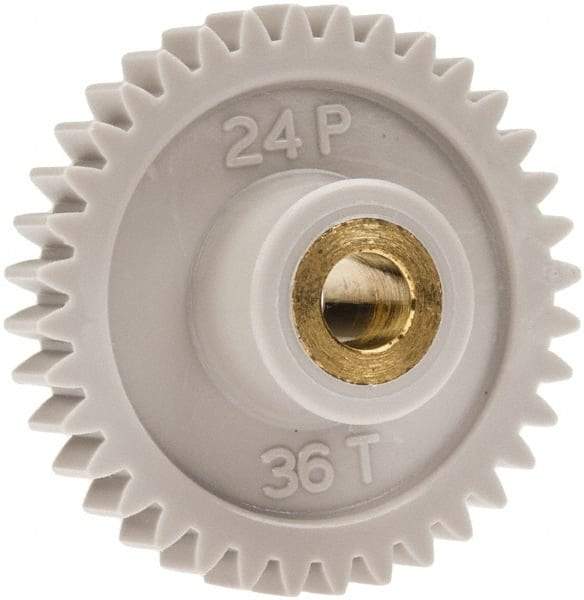 Made in USA - 24 Pitch, 1-1/2" Pitch Diam, 1.583" OD, 36 Tooth Spur Gear - 1/4" Face Width, 1/4" Bore Diam, 5/8" Hub Diam, 20° Pressure Angle, Acetal - All Tool & Supply