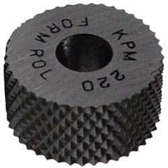 Made in USA - 5/16" Diam, 70° Tooth Angle, 80 TPI, Standard (Shape), Form Type High Speed Steel Male Diamond Knurl Wheel - 5/32" Face Width, 1/8" Hole, Circular Pitch, 30° Helix, Bright Finish, Series BP - Exact Industrial Supply