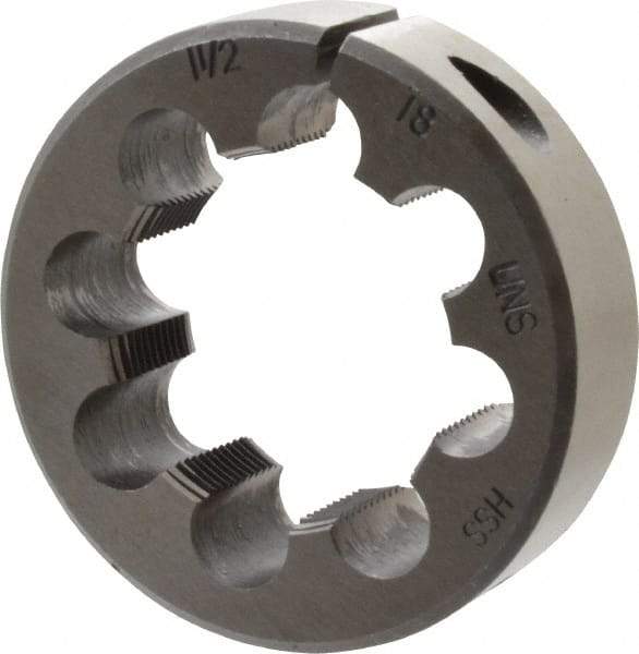 Interstate - 1-1/2 - 18 UNEF Thread, 2-1/2" Outside Diam High Speed Steel Round Die - Right Hand Thread, Adjustable - Exact Industrial Supply