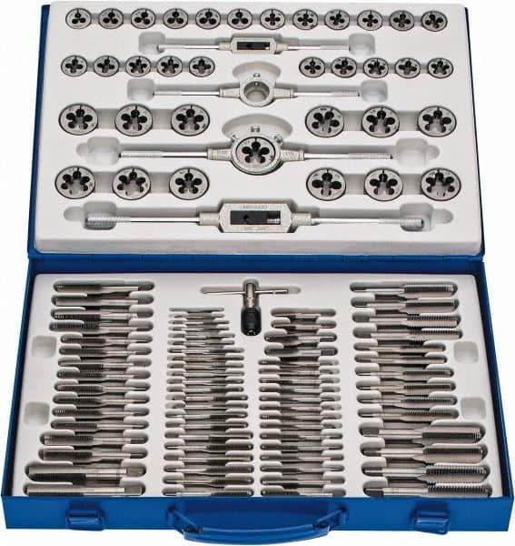 Interstate - M6x1.00 to M18x1.50 Tap, Metric Coarse, Metric Fine, NPT, UNC, UNF, Tap and Die Set - Carbon Steel, Carbon Steel Taps, Adjustable, 110 Piece Set with Metal Case - Exact Industrial Supply