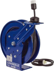 CoxReels - 16 AWG, 100' Cable Length, Cord & Cable Reel with Outlet End - 1 Outlet, NEMA 5-15R, 13 Amps, 115 Volts, SJO Cable, Blue Reel, Spring Driven Reel - All Tool & Supply