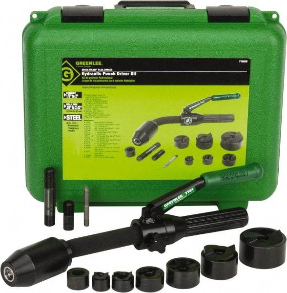 Greenlee - 11 Piece, 1/2 to 2" Punch Hole Diam, Hydraulic Punch Driver Kit - Round Punch, 10 Gage Mild Steel - All Tool & Supply