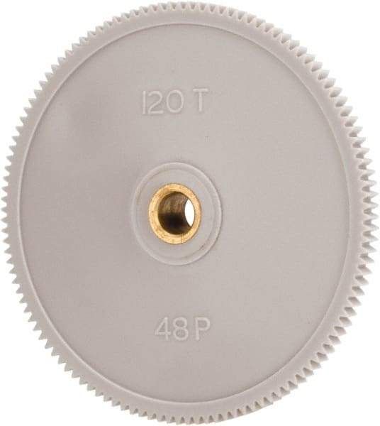 Made in USA - 48 Pitch, 2-1/2" Pitch Diam, 2.542" OD, 120 Tooth Spur Gear - 1/8" Face Width, 1/4" Bore Diam, 39/64" Hub Diam, 20° Pressure Angle, Acetal - All Tool & Supply