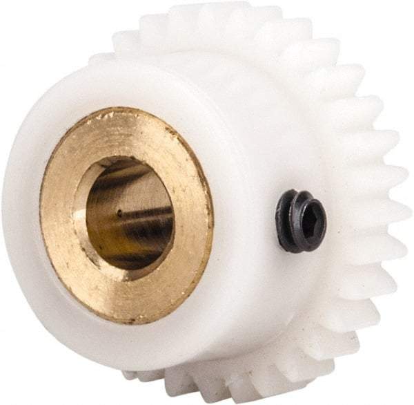 Made in USA - 48 Pitch, 0.667" Pitch Diam, 0.708" OD, 32 Tooth Spur Gear - 1/8" Face Width, 3/16" Bore Diam, 35/64" Hub Diam, 20° Pressure Angle, Acetal - All Tool & Supply