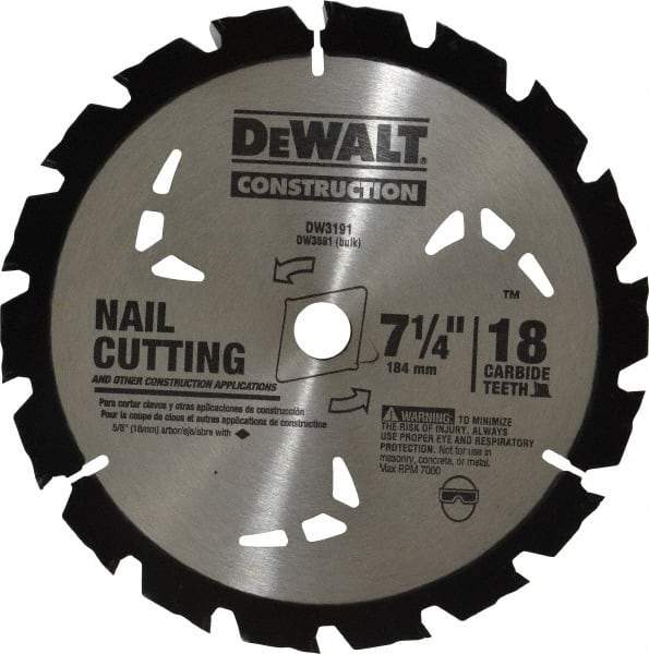 DeWALT - 7-1/4" Diam, 5/8" Arbor Hole Diam, 18 Tooth Wet & Dry Cut Saw Blade - Carbide-Tipped, General Purpose Action, Diamond Arbor - All Tool & Supply