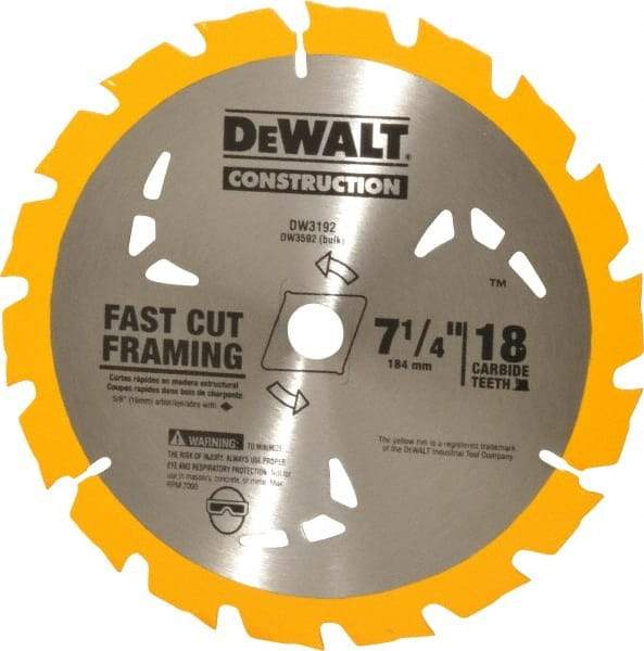 DeWALT - 7-1/4" Diam, 5/8" Arbor Hole Diam, 18 Tooth Wet & Dry Cut Saw Blade - Carbide-Tipped, General Purpose Action, Diamond Arbor - All Tool & Supply