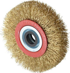 Value Collection - 4" OD, 3/4" Arbor Hole, Crimped Brass-Coated Steel Wheel Brush - 3/4" Face Width, 11/16" Trim Length, 0.014" Filament Diam, 8,000 RPM - All Tool & Supply