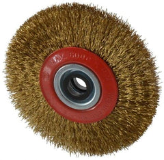 Value Collection - 5" OD, 3/4" Arbor Hole, Crimped Brass-Coated Steel Wheel Brush - 11/16" Face Width, 1-3/32" Trim Length, 0.014" Filament Diam, 6,000 RPM - All Tool & Supply