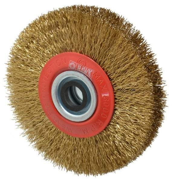 Value Collection - 5" OD, 3/4" Arbor Hole, Crimped Brass-Coated Steel Wheel Brush - 1" Face Width, 1-3/32" Trim Length, 0.014" Filament Diam, 6,000 RPM - All Tool & Supply