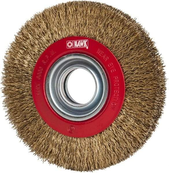 Value Collection - 6" OD, 1-1/4" Arbor Hole, Crimped Brass-Coated Steel Wheel Brush - 11/16" Face Width, 1-1/8" Trim Length, 0.014" Filament Diam, 6,000 RPM - All Tool & Supply