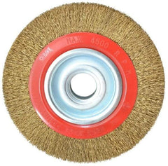 Value Collection - 8" OD, 1-1/4" Arbor Hole, Crimped Brass-Coated Steel Wheel Brush - 1" Face Width, 1-11/32" Trim Length, 0.014" Filament Diam, 4,500 RPM - All Tool & Supply