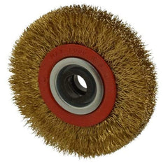 Value Collection - 4" OD, 3/4" Arbor Hole, Crimped Brass-Coated Steel Wheel Brush - 3/4" Face Width, 11/16" Trim Length, 0.012" Filament Diam, 8,000 RPM - All Tool & Supply