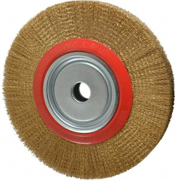 Value Collection - 12" OD, 1-1/4" Arbor Hole, Crimped Brass-Coated Steel Wheel Brush - 1-21/32" Face Width, 2-3/8" Trim Length, 0.012" Filament Diam, 3,000 RPM - All Tool & Supply