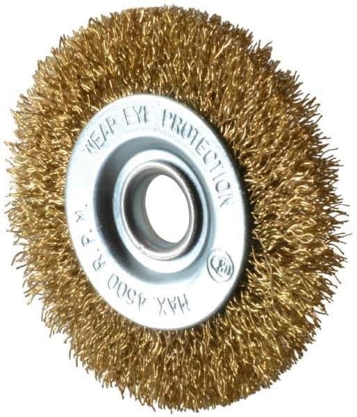 Value Collection - 3" OD, 1/2" Arbor Hole, Crimped Brass-Coated Steel Wheel Brush - 3/8" Face Width, 5/8" Trim Length, 0.012" Filament Diam, 4,500 RPM - All Tool & Supply