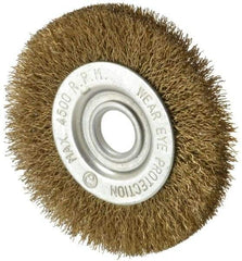 Value Collection - 3" OD, 1/2" Arbor Hole, Crimped Brass-Coated Steel Wheel Brush - 3/8" Face Width, 5/8" Trim Length, 0.007" Filament Diam, 4,500 RPM - All Tool & Supply