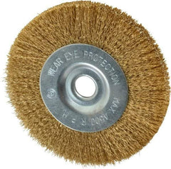 Value Collection - 4" OD, 1/2" Arbor Hole, Crimped Brass-Coated Steel Wheel Brush - 1/2" Face Width, 7/8" Trim Length, 0.007" Filament Diam, 4,500 RPM - All Tool & Supply