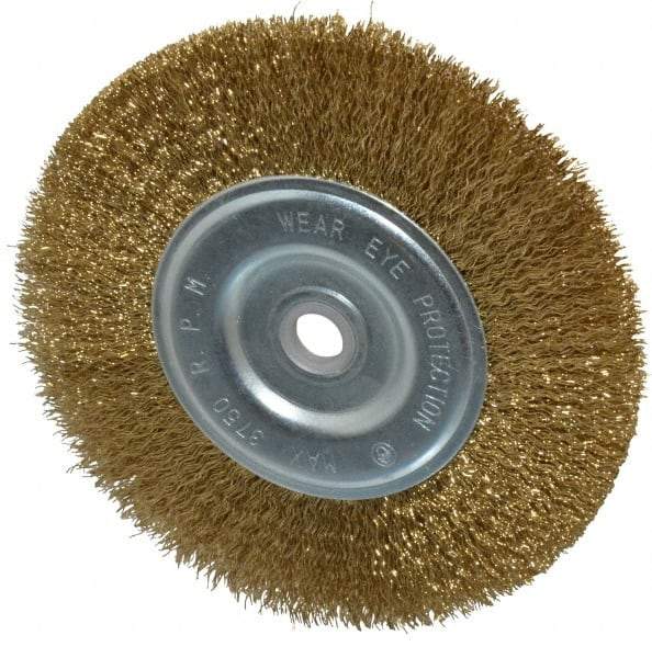 Value Collection - 6" OD, 5/8" Arbor Hole, Crimped Brass-Coated Steel Wheel Brush - 11/16" Face Width, 1-3/8" Trim Length, 0.012" Filament Diam, 6,000 RPM - All Tool & Supply