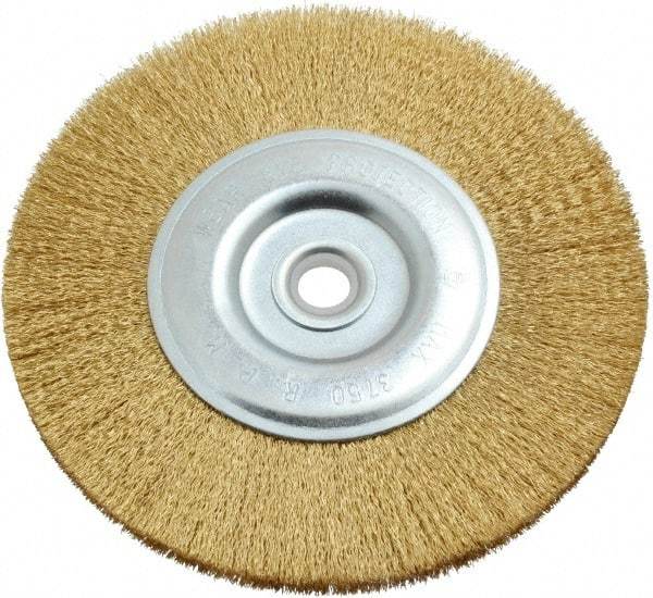 Value Collection - 6" OD, 5/8" Arbor Hole, Crimped Brass-Coated Steel Wheel Brush - 11/16" Face Width, 1-3/8" Trim Length, 0.012" Filament Diam, 3,750 RPM - All Tool & Supply