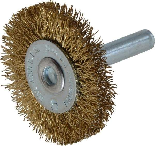 Value Collection - 1-5/8" OD, 1/4" Shank Diam, Crimped Brass-Coated Steel Wheel Brush - 3/16" Face Width, 3/8" Trim Length, 0.015" Filament Diam, 4,500 RPM - All Tool & Supply