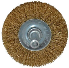 Value Collection - 2" OD, 1/4" Shank Diam, Crimped Brass-Coated Steel Wheel Brush - 9/32" Face Width, 3/8" Trim Length, 0.008" Filament Diam, 4,500 RPM - All Tool & Supply