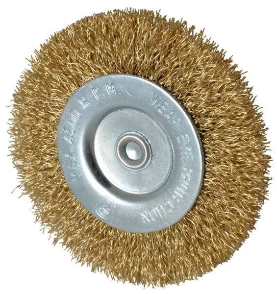 Value Collection - 3" OD, 1/4" Shank Diam, Crimped Brass-Coated Steel Wheel Brush - 3/8" Face Width, 5/8" Trim Length, 0.015" Filament Diam, 4,500 RPM - All Tool & Supply