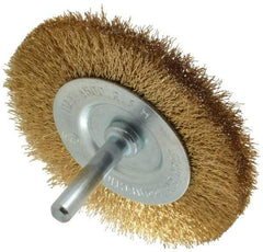 Value Collection - 3" OD, 1/4" Shank Diam, Crimped Brass-Coated Steel Wheel Brush - 3/8" Face Width, 5/8" Trim Length, 0.008" Filament Diam, 4,500 RPM - All Tool & Supply