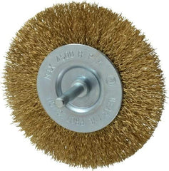 Value Collection - 4" OD, 1/4" Shank Diam, Crimped Brass-Coated Steel Wheel Brush - 15/32" Face Width, 7/8" Trim Length, 0.015" Filament Diam, 4,500 RPM - All Tool & Supply